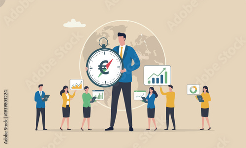 European Unio teams together COVID-19, EU financial strategy or business and stock market outlook concept, businessman leader standing with direction compass with Euro zone flag.