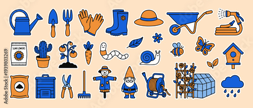 Gardening Essentials Illustration: A colorful array of gardening tools and elements is artfully arranged, representing the joy and activity of gardening. From watering cans to wheelbarrows.