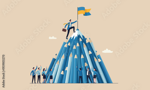  Creative challeng, together The style of the illustration is modern, flat design with clean lines and minimal shading climbing pencil mountain to reach winning flag at the peak