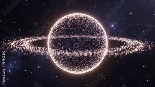 Abstract glowing sphere with ring system in space against starfield