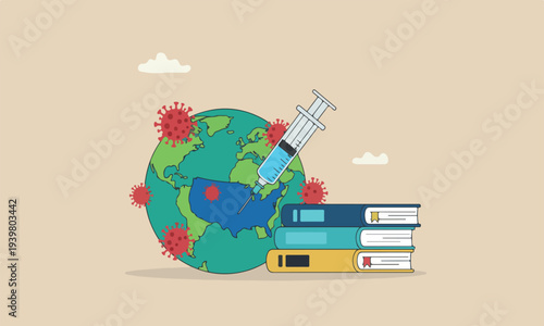 Coronavirus vaccin planting United States map on green sickness planet earth with red Coronavirus COVID-19 pathogen around.