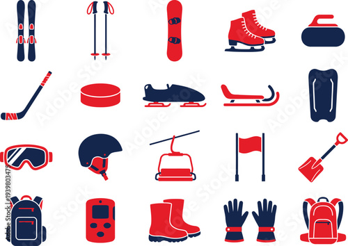 Collection of twenty winter sports equipment icons featuring skis, skates, sleds, and snow gear.