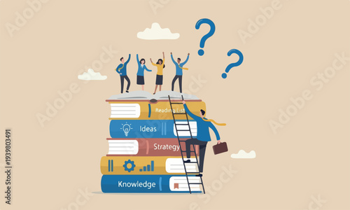  Business teams challenge and personal improvement, reading list concept, businessman climb up ladder on books stack for good vision