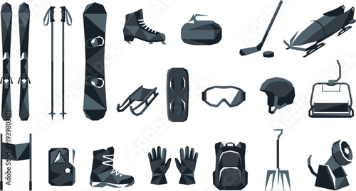 A comprehensive collection of low-poly winter sports equipment and recreational gear in a flat vector style.