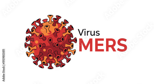 MERS virus cell illustration with bold text.