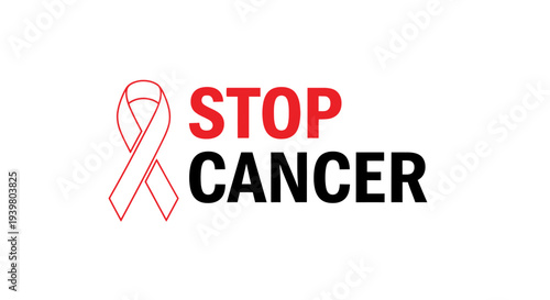 Stop cancer awareness banner with red ribbon symbol.