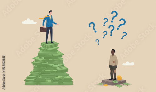 Economic inequality, rich and unfair income, different money people concept, white rich businessman standing high salary coins tower poor black man low coins stack.