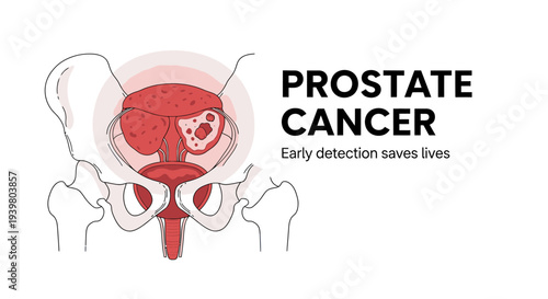 Prostate cancer awareness infographic with male anatomy diagram.
