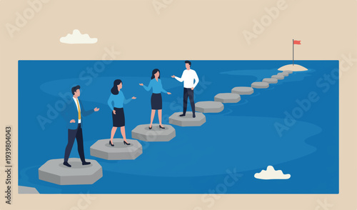 Stepping stones success progress milest pathway target,overcome difficulty development stages concept, confidence to businessman in stepping stones ocean.