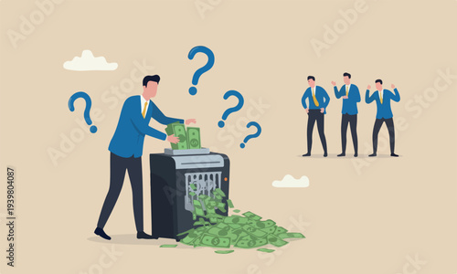 Money shred,, or financial failure spending concept, businessman hand feed banknote money into shredder to destroy losing all his wealth.