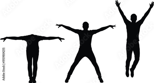 Vector illustration of fitness silhouettes showing jumping jack exercise stages, symbolizing workout, health, sport, lifestyle, discipline, energy, strength, activity, and creative design concepts.