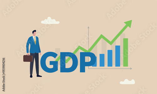 domestic country revenue growth, stock market profit value, annual percentage value report concept, businessman stand with GDP word and growing graph and chart