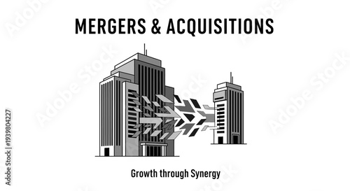 Mergers and Acquisitions business concept illustration with merging buildings.