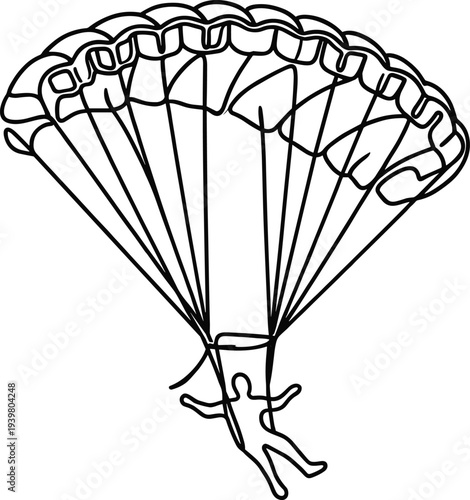 Vector illustration of parachute silhouette with person descending, symbolizing adventure, skydiving, extreme sport, outdoor activity, physics, gravity, air resistance, and creative design concepts.