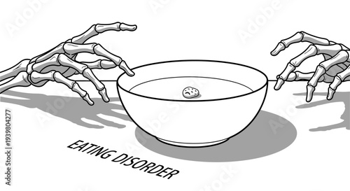 Skeleton hands reaching for a bowl with a single tiny cereal piece, eating disorder concept illustration.