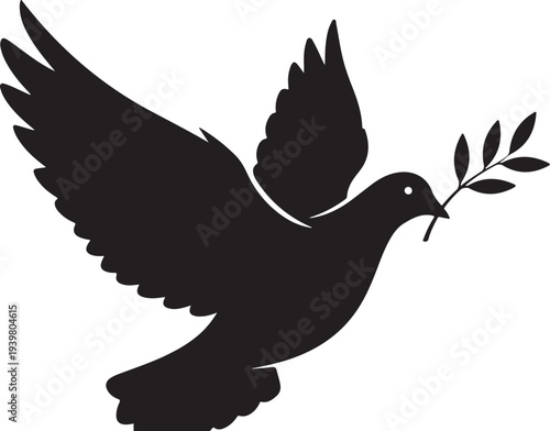 Black dove silhouette with olive branch in beak flying