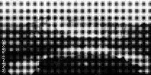 Grunge halftone gradient background. Faded grit noise texture. White and black sand wallpaper. Retro pixelated backdrop. Anime or manga style comic overlay. Vector graphic design textured template