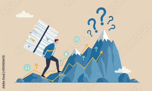 ,boulder mountain career ladder, motivation or efficiency concept, businessman carry heavy document paper step on growth graph.