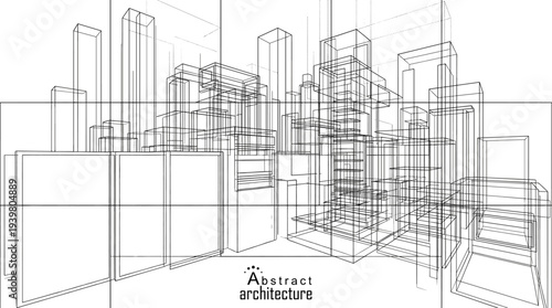 Abstract architecture wireframe of modern city street view with complex building outlines and 3D urban perspective vector.