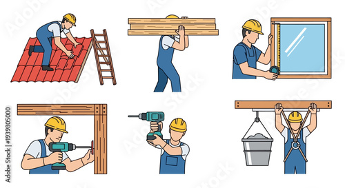 construction worker set carpenter at work renovation tasks.