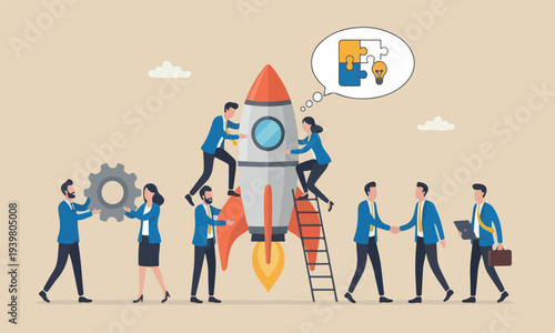 Build startup and support concept, creative businessman and woman coworker support each other help building rocket.