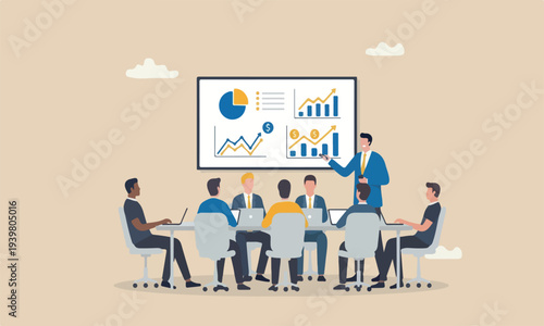 Business investmen businessman present business analysis report on whiteboard in company meeting or conference