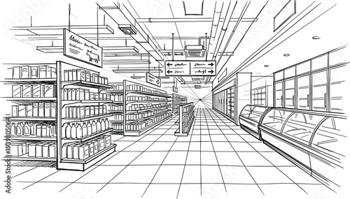 Architectural sketch of a modern supermarket interior featuring long grocery aisles, stocked shelving units, and refrigerated display cases in a perspective view.