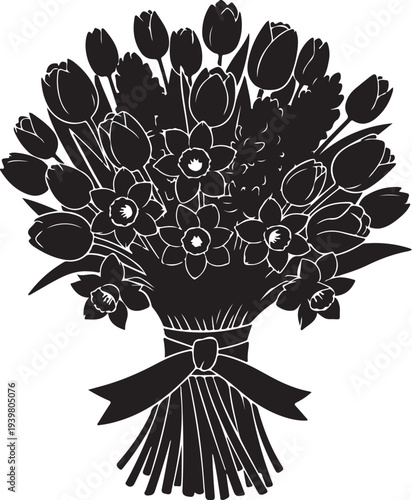 Bouquet of tulips and daisies with ribbon tied stem