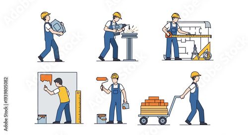 Construction workers set with tools and activities.