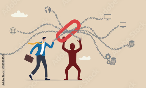  Single point, vulnerable weak point to make all system down, important point to hazard or beware danger concept, businessman at try so hard to hold multiple chain to avoid failure.