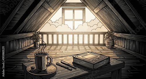 Loft attic interior with coffee cup stacked book and pens on desk