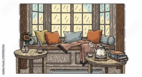 Window bench with pillows tea set books and two round side tables