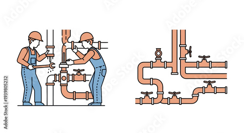 Industrial plumbers repairing pipes with valves and fittings.