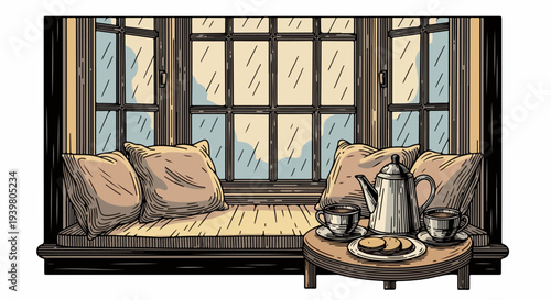 Bay window seat with tea service cookies and cushions by round table