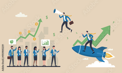Financial, innovatio rising ,meeting teams together growing business for success concept, businessman riding rocket booster with growth arrow.