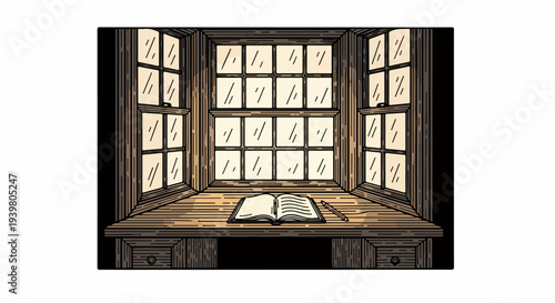 Wooden bay window desk with open book and pencil
