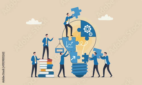 Company industrial engagement or cooperate synergy for business growth concept, business people help building lightbulb ideas