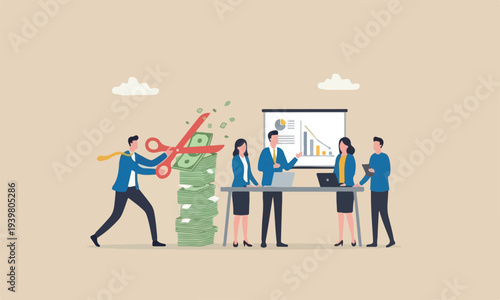 Cut bills reduce meeting teams together cash flow concept, businessman using big scissors to cut pile of bills and expense.