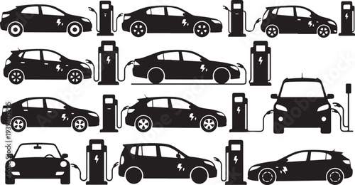 Electric vehicles charging at stations in a pattern illustration
