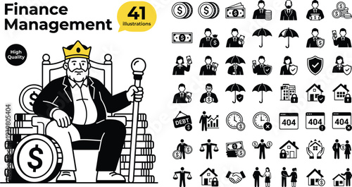 Comprehensive finance management illustration set featuring a wealth hero character and 41 icons for banking, debt, insurance, and corporate business strategy.