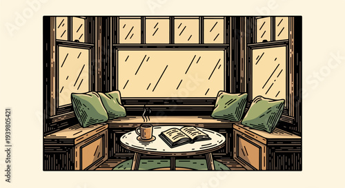 Wide bay window seating with green cushions round table mug and open book