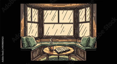 Symmetrical bay window bench with pillows round table steaming cup and open book