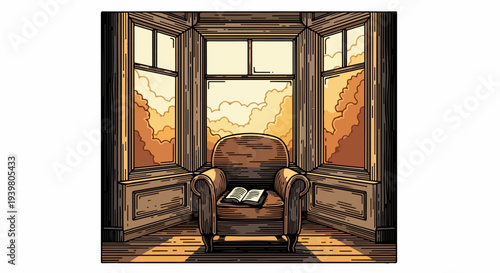 Armchair in bay window with open book and cloudscape view illustration