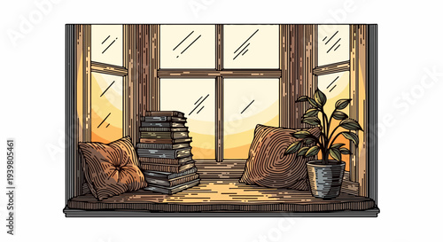 Bay window bench with books pillows and plant in line art style