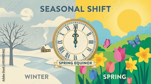 Digital illustration of seasonal shift showing a clock beside a bare tree, blooming flowers, bright sun, and frozen lake during winter to spring transition