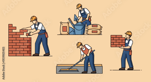 Construction Worker Bricklaying Process.