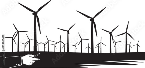 Wind turbines and hand in business suit pointing forward