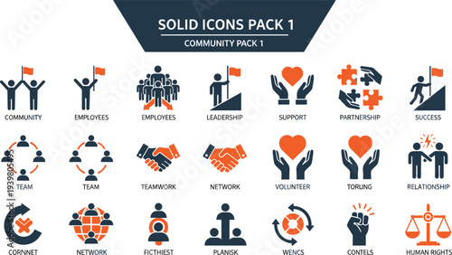 Corporate community solid icon set featuring leadership success teamwork partnership volunteer support and human rights relationship symbols.