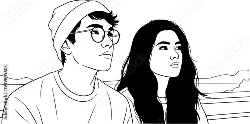 A young man wearing glasses and a beanie sitting next to a young woman with long dark hair, observing their surroundings with a thoughtful expression
