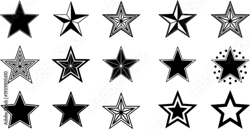 Monochrome collection of graphic star emblems in varied styles featuring seven point and eight point designs